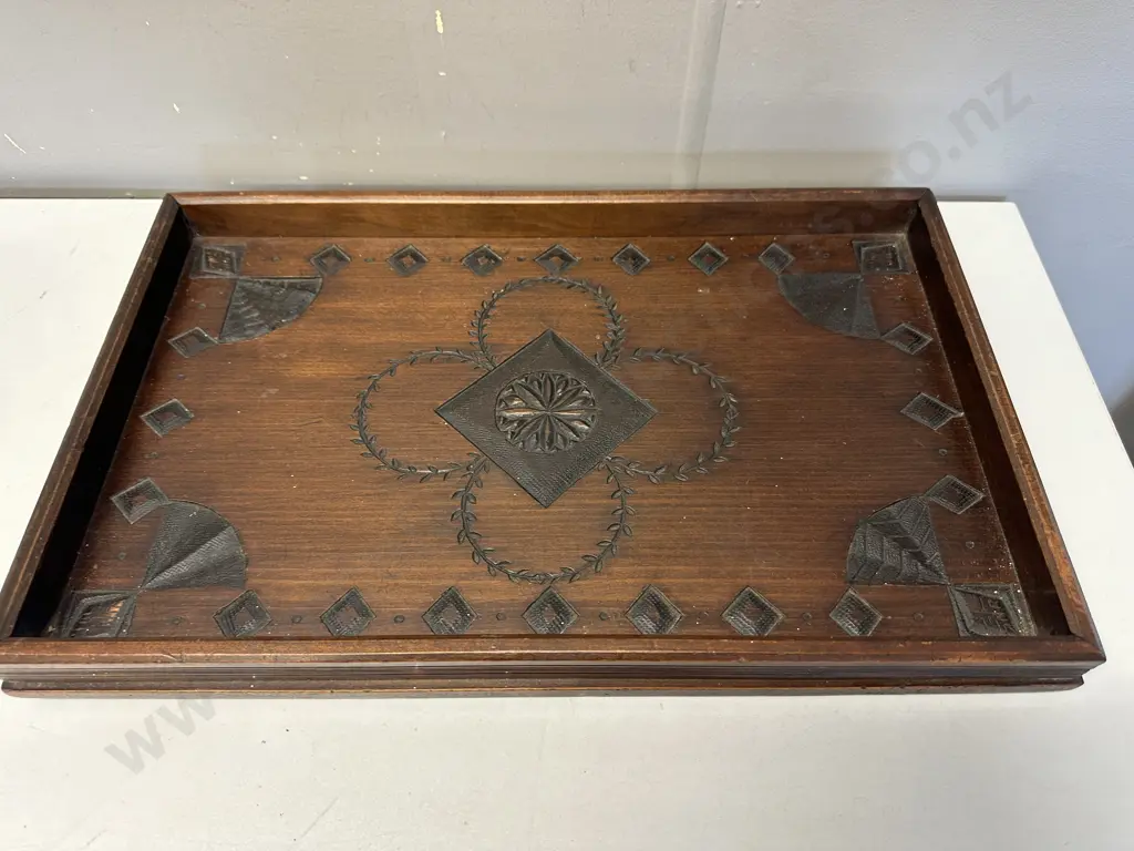 Vintage Footed Wooden Serving Tray, Carved. H6 W50 D32cm Image 1++