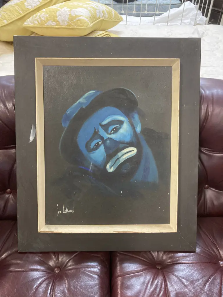 Jon Helland Crying Clown Painting On Canvas With Vintage Frame (As Found). 67 x 57cm Image 1++