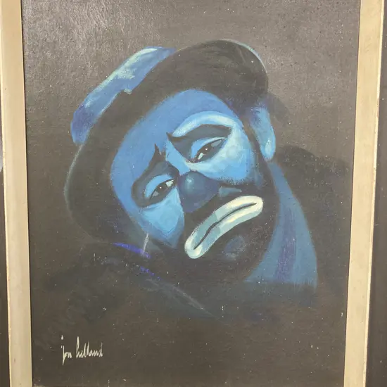Jon Helland Crying Clown Painting On Canvas With Vintage Frame (As Found). 67 x 57cm