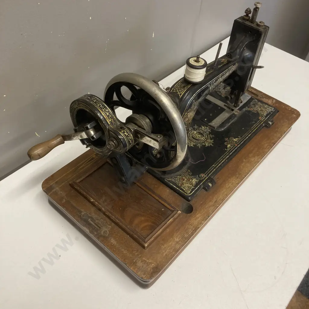 Wertheim Hand Sewing Machine #S6854540 With Wooden Case With Marquetry Image 1++