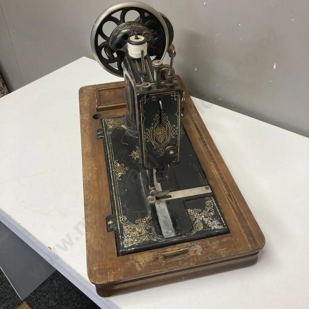 Wertheim Hand Sewing Machine #S6854540 With Wooden Case With Marquetry Image 1++