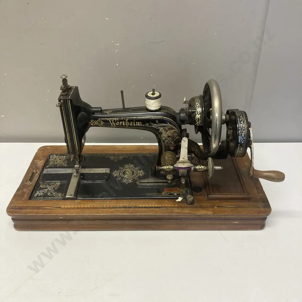 Wertheim Hand Sewing Machine #S6854540 With Wooden Case With Marquetry Image 1++