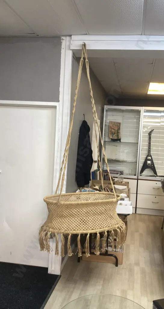 Vintage Macrame Hanging Moses Basket With Brass Ceiling Hook. H30 W84 D60cm Image 1++