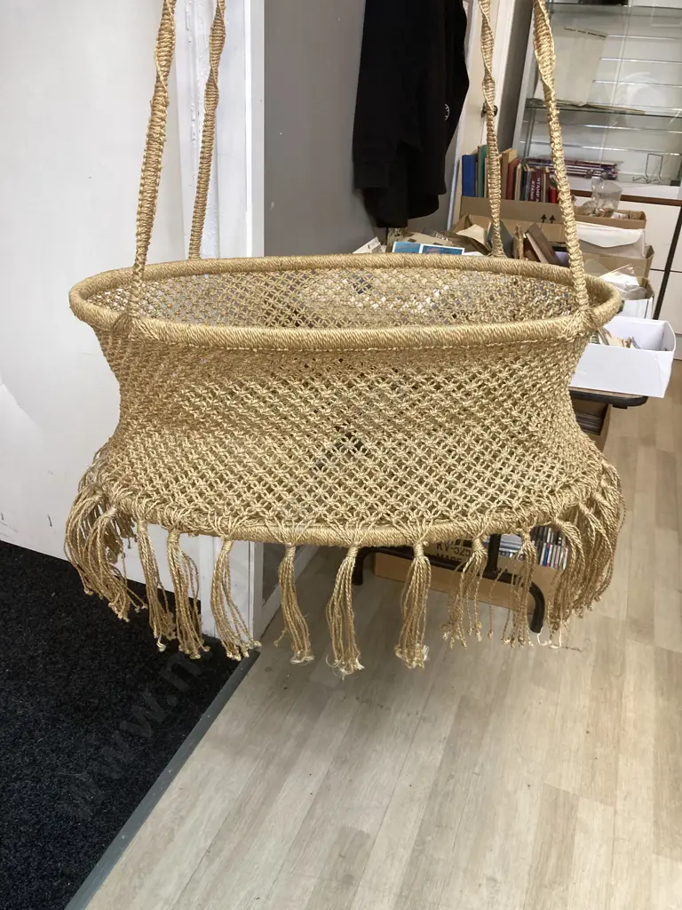 Vintage Macrame Hanging Moses Basket With Brass Ceiling Hook. H30 W84 D60cm Image 1++