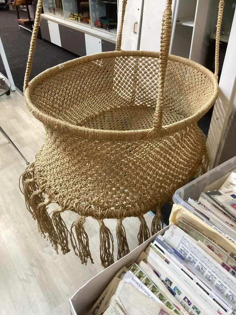 Vintage Macrame Hanging Moses Basket With Brass Ceiling Hook. H30 W84 D60cm Image 1++