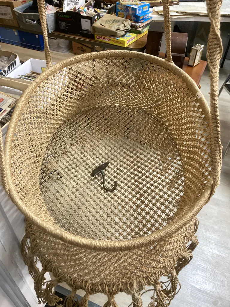 Vintage Macrame Hanging Moses Basket With Brass Ceiling Hook. H30 W84 D60cm Image 1++