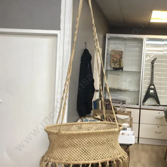 Vintage Macrame Hanging Moses Basket With Brass Ceiling Hook. H30 W84 D60cm