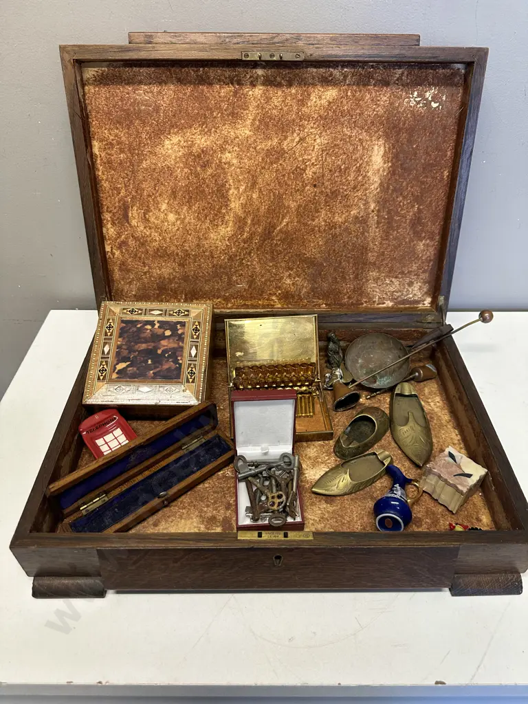 Antique Oak Canteen / Storage Box With Vintage Items Including Brass, Copper, Keys Etc Image 1++