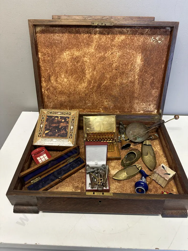 Antique Oak Canteen / Storage Box With Vintage Items Including Brass, Copper, Keys Etc Image 1++
