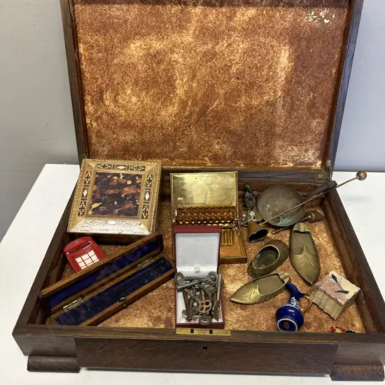 Antique Oak Canteen / Storage Box With Vintage Items Including Brass, Copper, Keys Etc