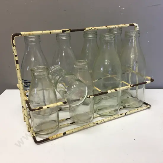 Vintage Milk & Cream Bottles In Carry Crate