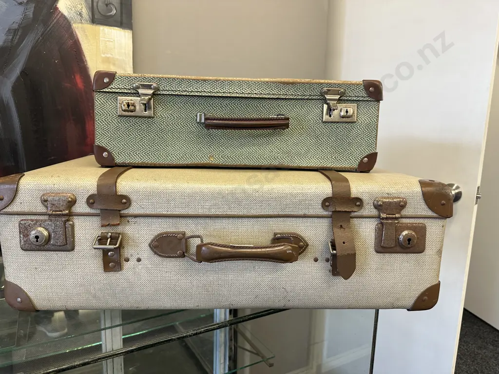 Vintage Suitcase Brown & Cream With Brown Leather Straps (af) & Small Green & Cream Patterned Case Image 1++
