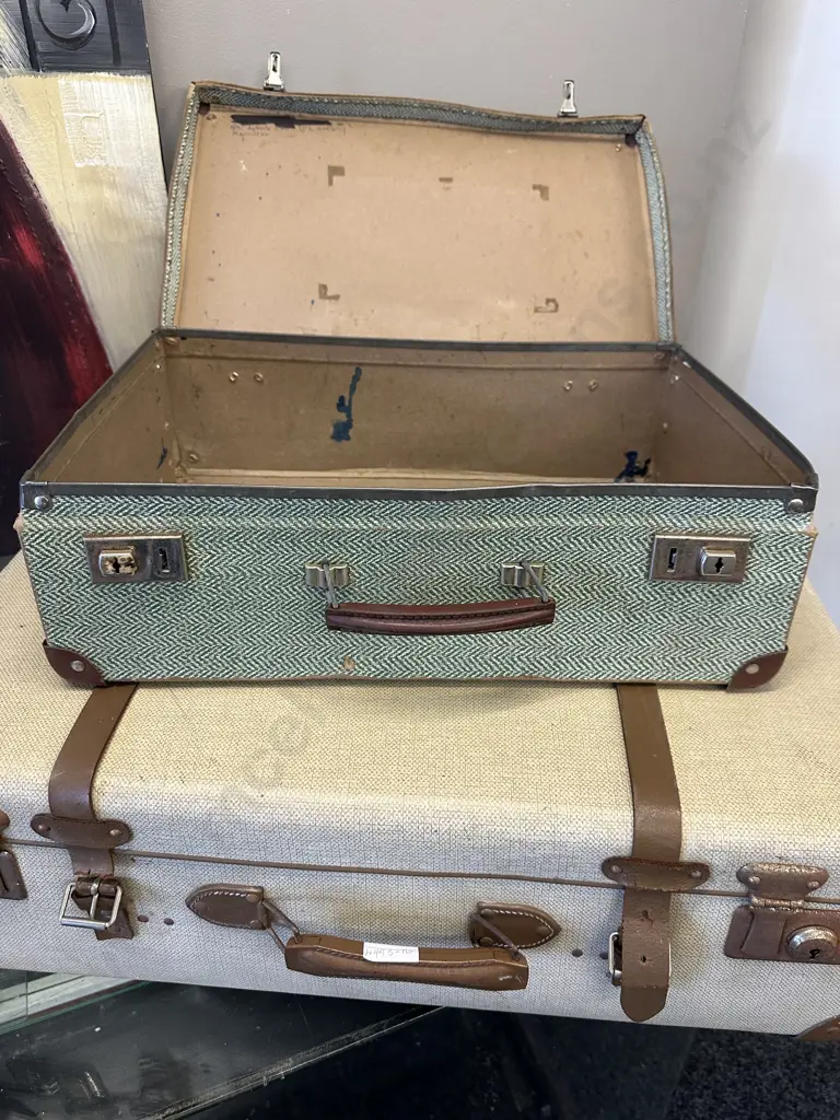Vintage Suitcase Brown & Cream With Brown Leather Straps (af) & Small Green & Cream Patterned Case Image 1++