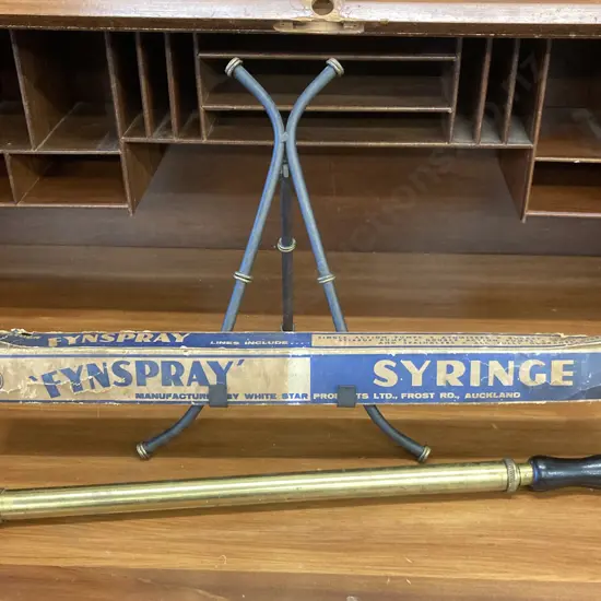 Vintage 'Fynspry Syringe Brass Garden Hand Pump Sprayer, Boxed. 58cm, White Star Products, Auckland