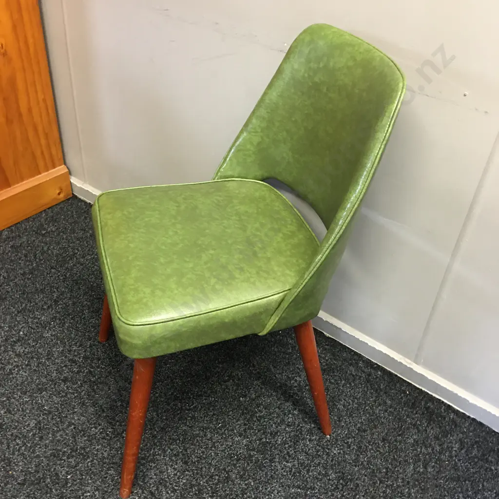 Mid Century Mahogany Framed Side Chair Green Mottled Vinyl Upholstered Seat & Back  Image 1++