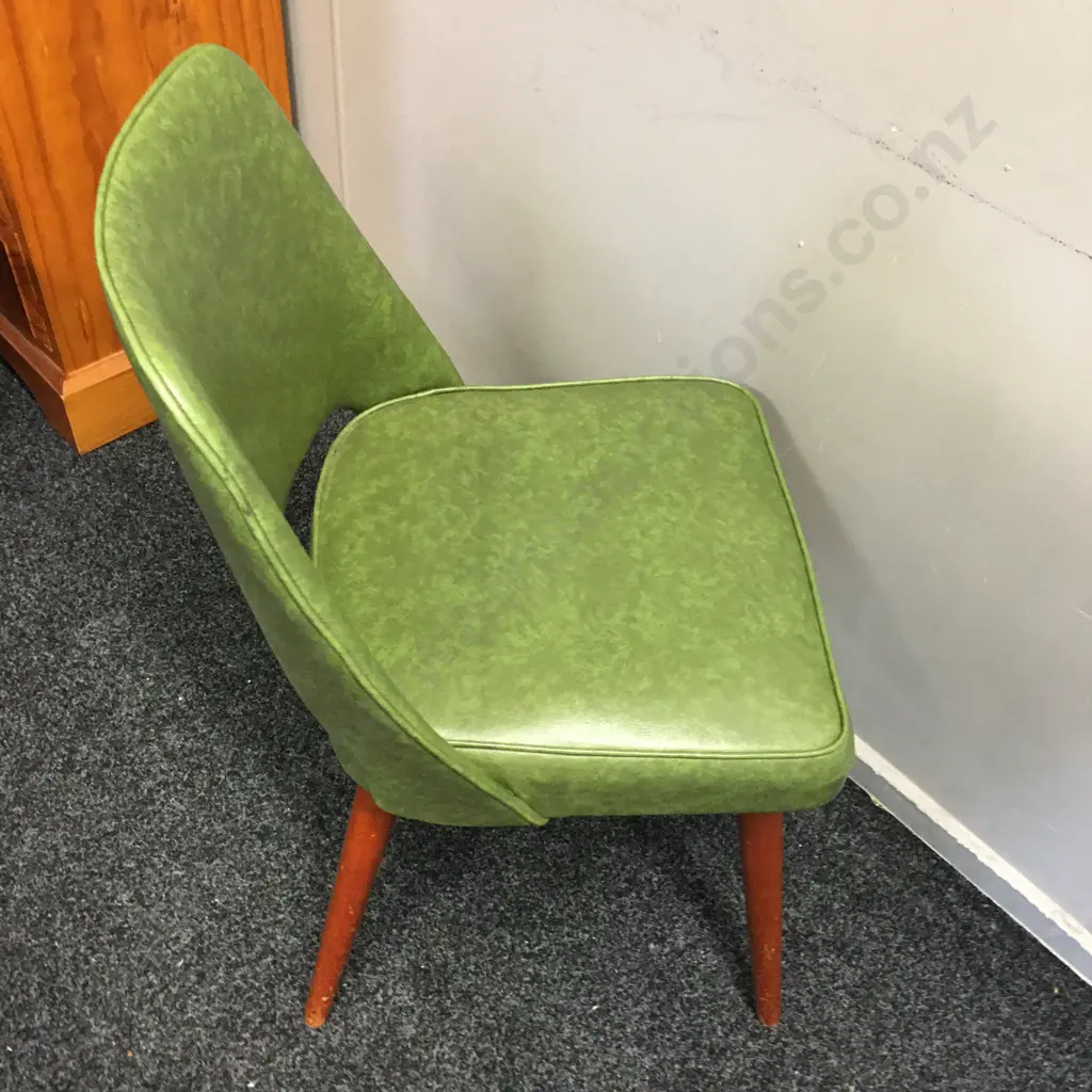 Mid Century Mahogany Framed Side Chair Green Mottled Vinyl Upholstered Seat & Back  Image 1++