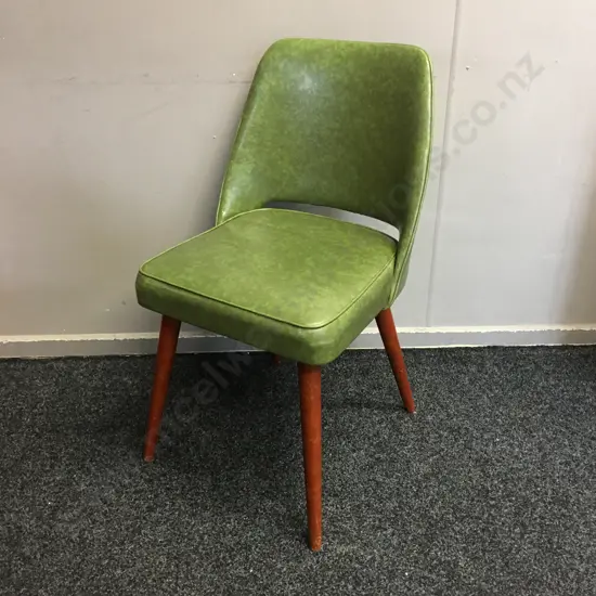 Mid Century Mahogany Framed Side Chair Green Mottled Vinyl Upholstered Seat & Back 