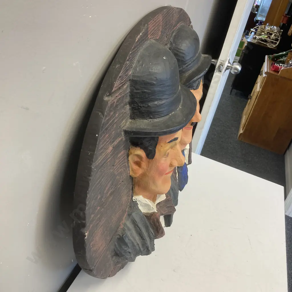 Vintage Laurel & Hardy 3D Faux Wood Wall Hanging. 74 x 59cm Image 1++