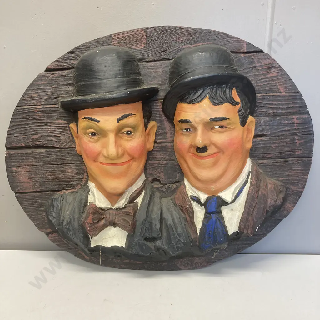 Vintage Laurel & Hardy 3D Faux Wood Wall Hanging. 74 x 59cm Image 1++
