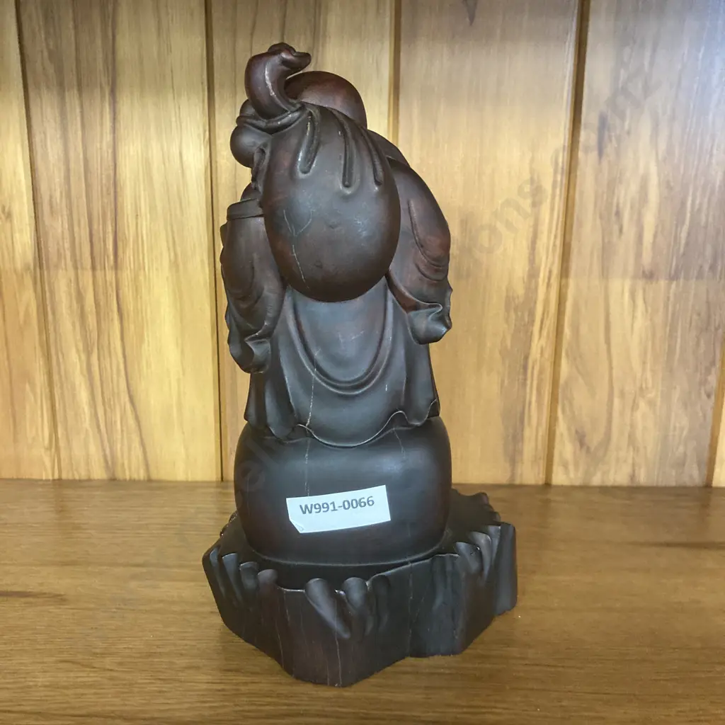 Hand Carved Laughing Buddha With Snake Statue - Black Wood. H19cm Image 1++