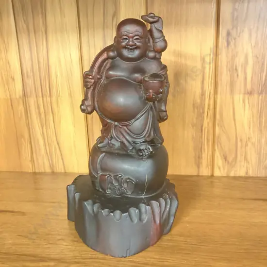 Hand Carved Laughing Buddha With Snake Statue - Black Wood. H19cm