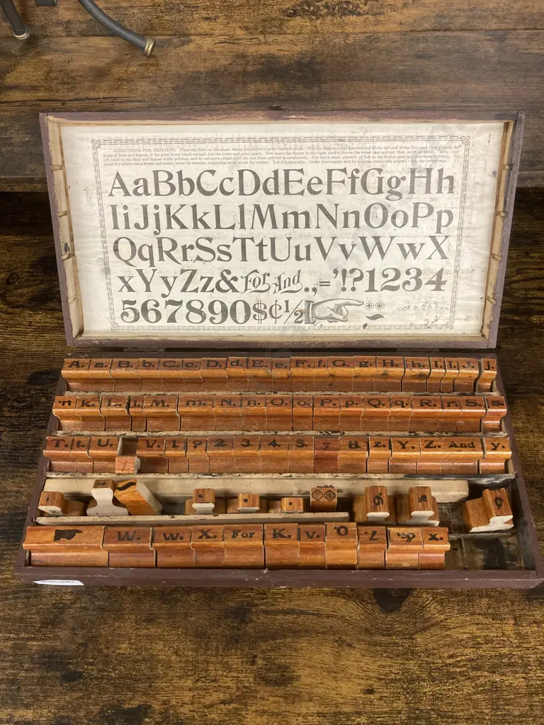 Rare Vintage 19th Century Wooden Rubber Stamp Print Set, Made In USA Image 1++