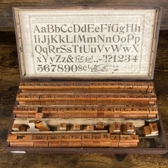 Rare Vintage 19th Century Wooden Rubber Stamp Print Set, Made In USA