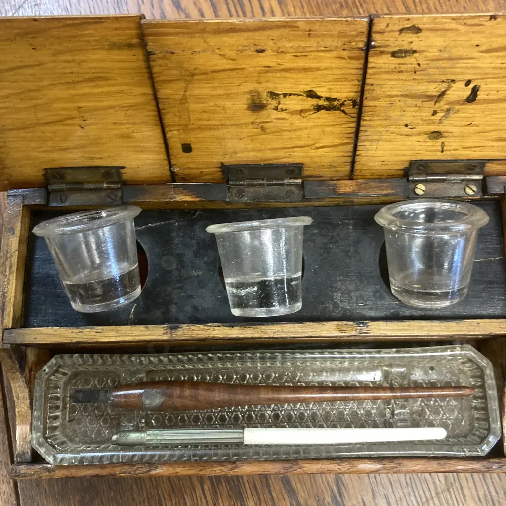 Vintage 1920's Wooden Desk Top Inkstand With Glass Pen Rest & Ink Pots Image 1++