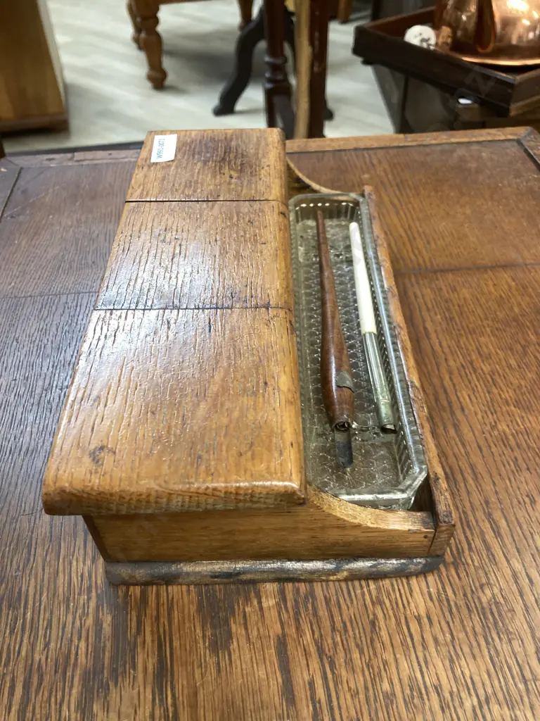 Vintage 1920's Wooden Desk Top Inkstand With Glass Pen Rest & Ink Pots Image 1++