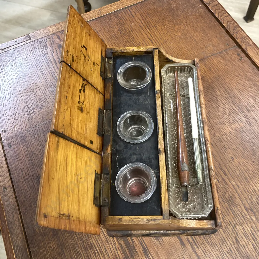 Vintage 1920's Wooden Desk Top Inkstand With Glass Pen Rest & Ink Pots Image 1++