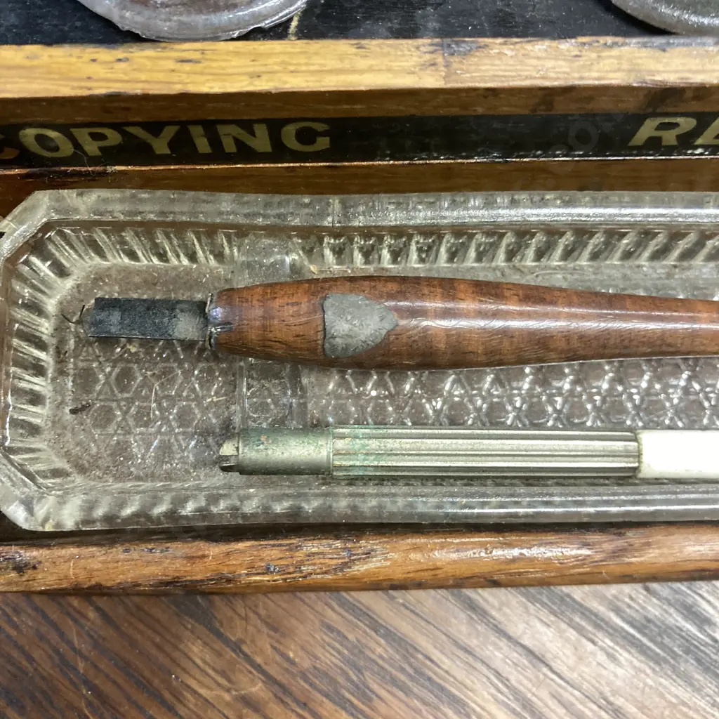 Vintage 1920's Wooden Desk Top Inkstand With Glass Pen Rest & Ink Pots Image 1++