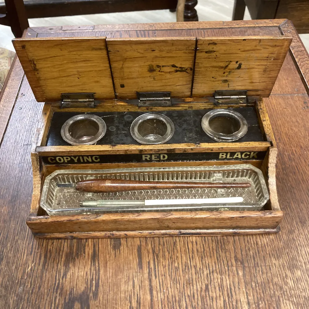 Vintage 1920's Wooden Desk Top Inkstand With Glass Pen Rest & Ink Pots Image 1++