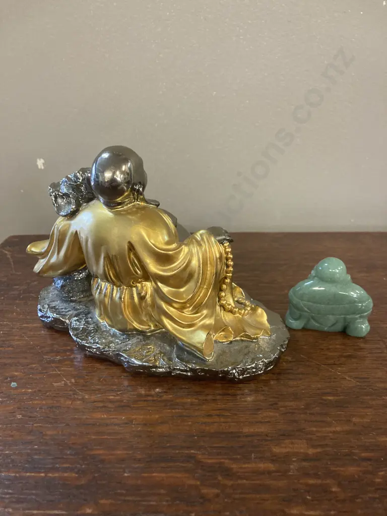 Laughing Buddha With Large Sack & Small Green Jade Buddha Image 1++