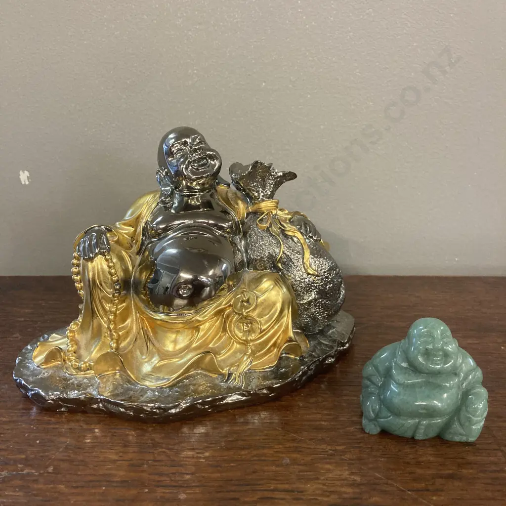 Laughing Buddha With Large Sack & Small Green Jade Buddha Image 1++