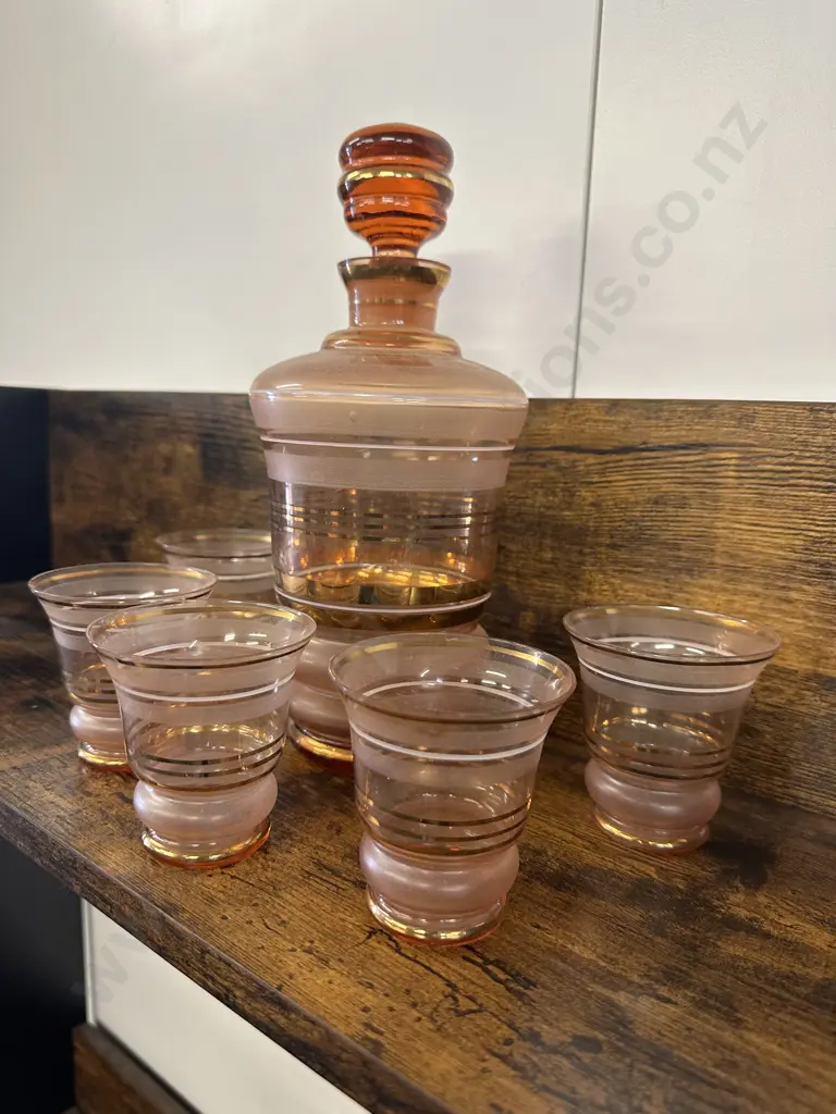 Mid Century Art Deco Pink Frosted Glass Gold Stripe Decanter With 5 Glasses Image 1++