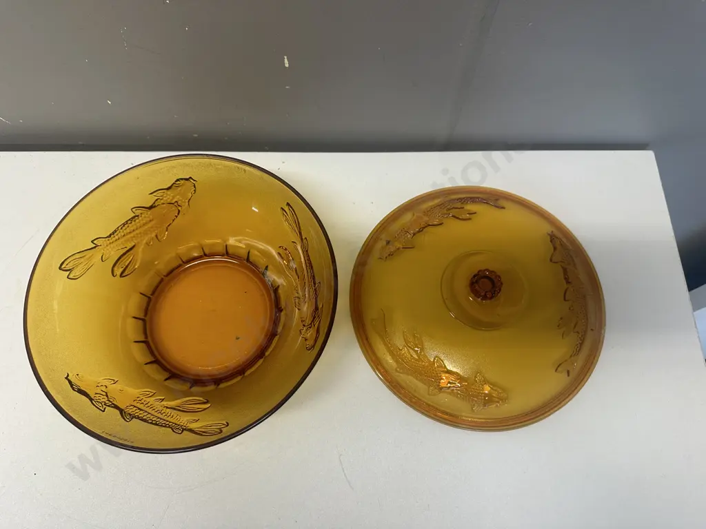 Amber Glass 70's Koi Fish 3D Embossed Lidded Vintage Bowl Image 1++