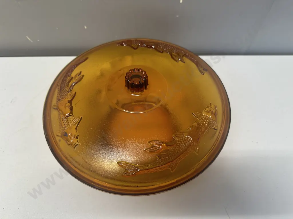 Amber Glass 70's Koi Fish 3D Embossed Lidded Vintage Bowl Image 1++