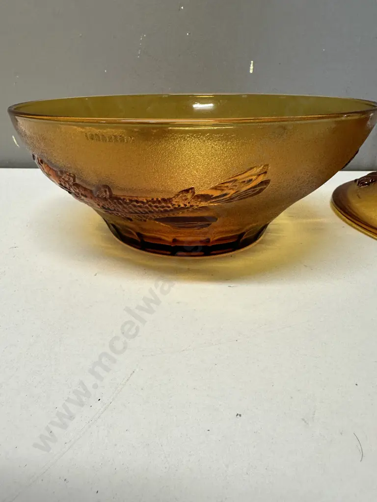 Amber Glass 70's Koi Fish 3D Embossed Lidded Vintage Bowl Image 1++