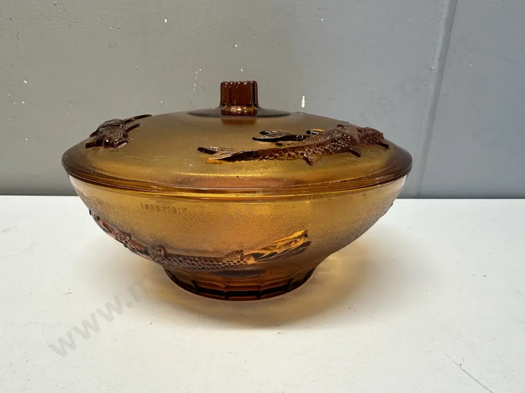Amber Glass 70's Koi Fish 3D Embossed Lidded Vintage Bowl Image 1++