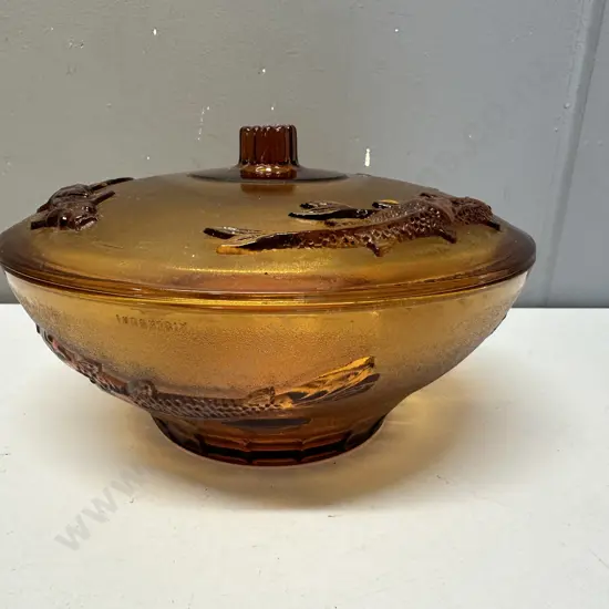 Amber Glass 70's Koi Fish 3D Embossed Lidded Vintage Bowl