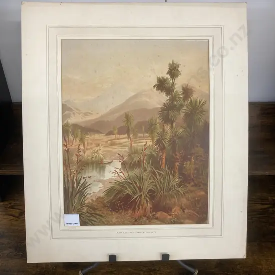 John Gully Print Quiet reach of the Motueka River with Table Mountain in background, on west side of Blind Bay 54 x 46cm