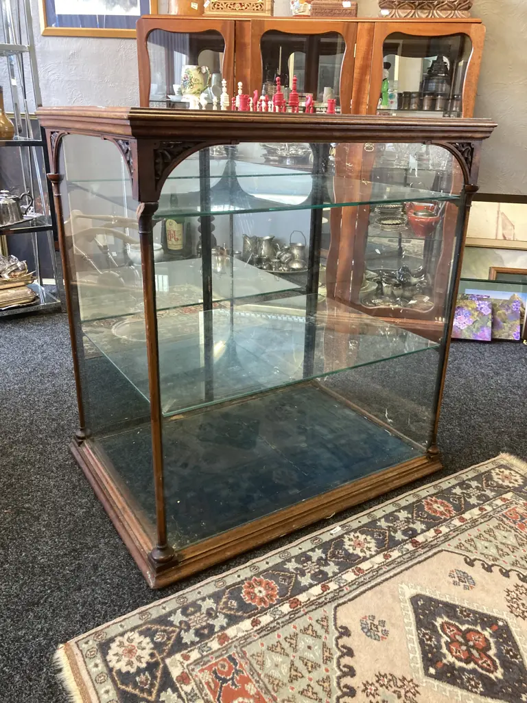 Victorian Antique Glazed Jewellers Display Case, Carved Wooden Supports. H100 W68 D94cm Image 1++