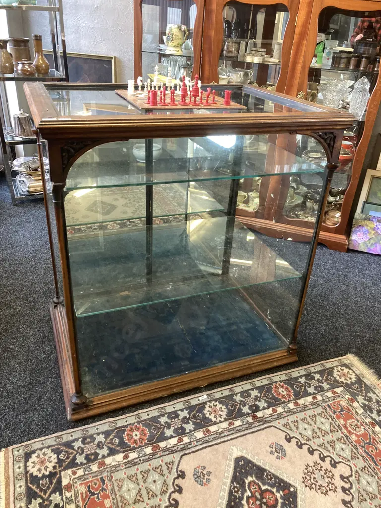 Victorian Antique Glazed Jewellers Display Case, Carved Wooden Supports. H100 W68 D94cm Image 1++