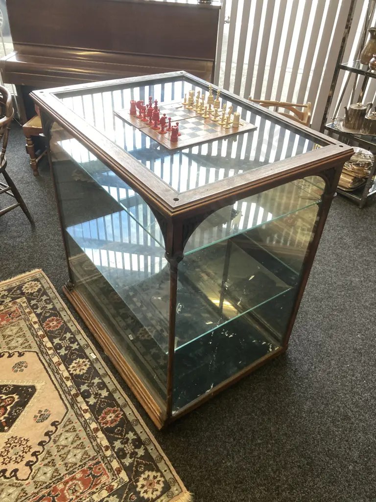 Victorian Antique Glazed Jewellers Display Case, Carved Wooden Supports. H100 W68 D94cm Image 1++