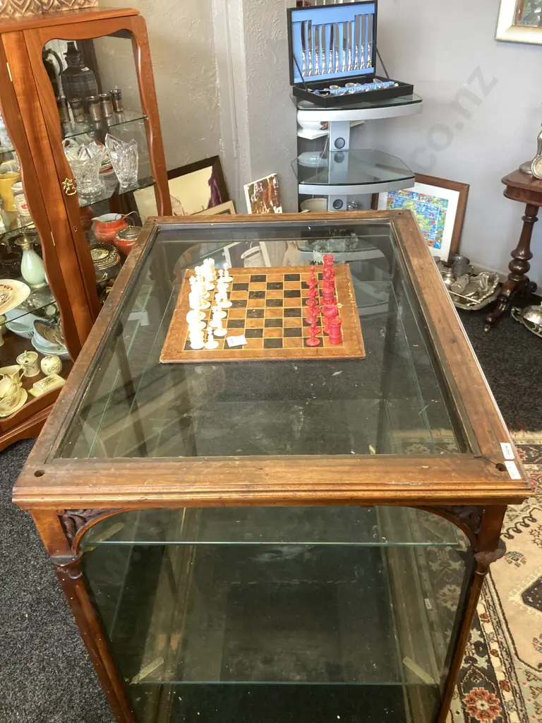 Victorian Antique Glazed Jewellers Display Case, Carved Wooden Supports. H100 W68 D94cm Image 1++
