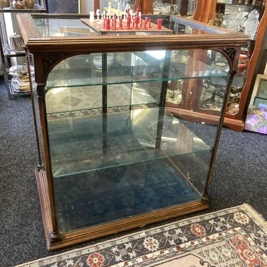 Victorian Antique Glazed Jewellers Display Case, Carved Wooden Supports. H100 W68 D94cm