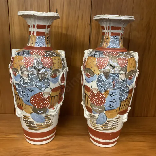 Pair of Signed Japanese Antique Satsuma Vases. H31cm