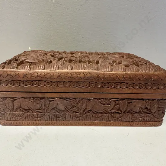 Vintage Carved Wooden Box African Animal Themed. H7 W20 D12cm
