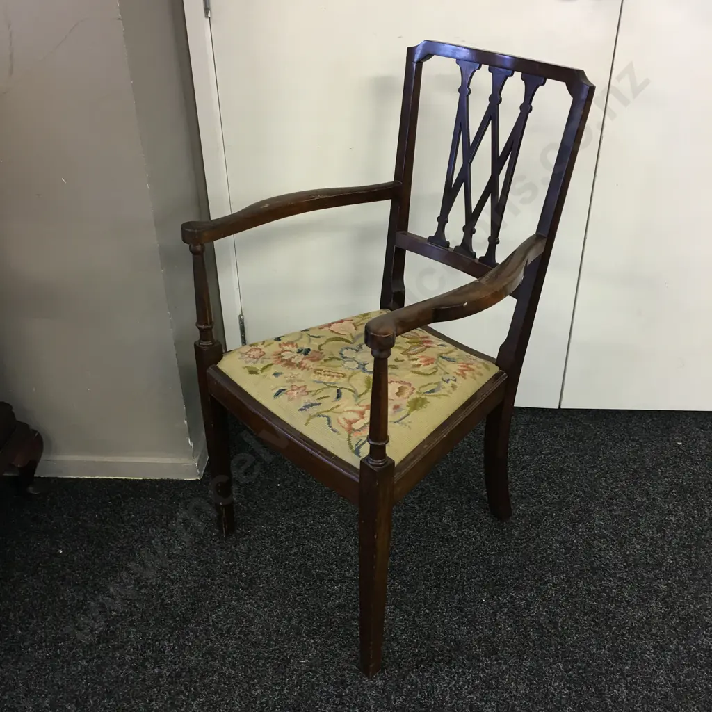Antique Sheraton Style Armchair Tapestry Upholstery Image 1++