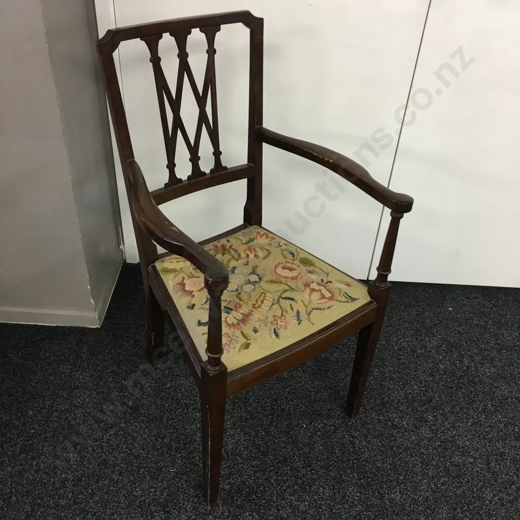 Antique Sheraton Style Armchair Tapestry Upholstery Image 1++